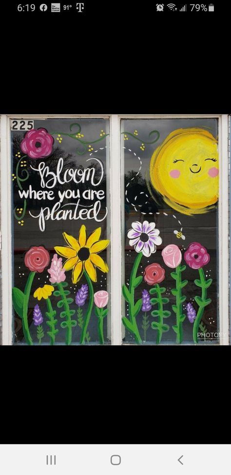 May Window Display Preschool, Window Art Kindergarten, Window Art For Classroom, Flower Window Drawing, Spring Window Display Ideas School, Flowers Window Painting, Window Flowers Painting, May Window Display Ideas, Window Drawing Ideas Spring