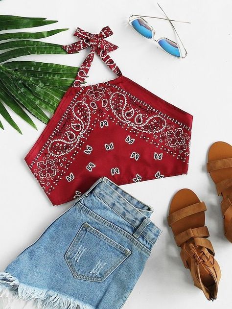 New Fashion Clothes, Halter Shirt, Backless Shirt, Beach Blouse, Halter Neck Crop Top, Bohemian Tops, Shirts Women Fashion, Red Bandana, Summer Crop Tops