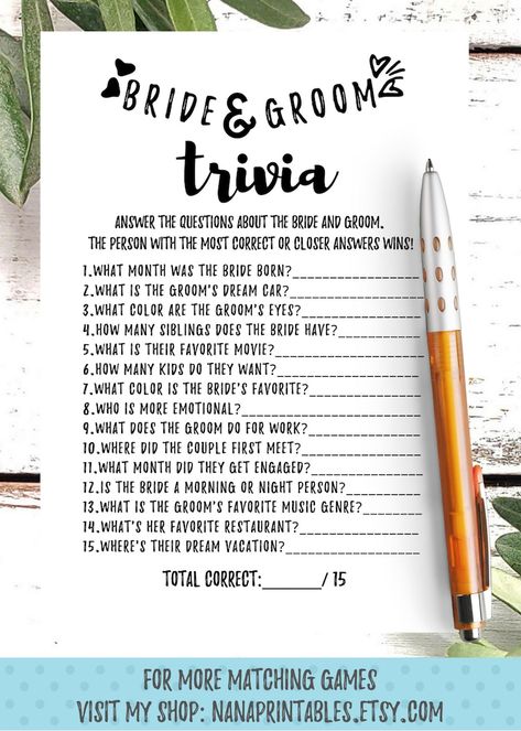 Bride and Groom Trivia Bridal Shower Game, Printable Instant Download, Bride & Groom Party, Fun Card Game, Brunch Games, Rustic Kraft, PDF - Etsy UK Bride And Groom Trivia, Brunch Games, Disney Love Songs, Groom Party, Fun Card Games, Fun Party Games, Bridal Shower Game, How Many Kids, Game Printable