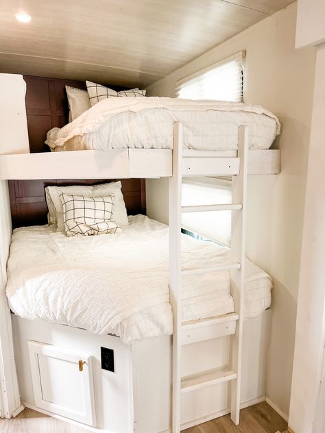 Heartland Wilderness RV Bunks Top Bunk Ideas, Camper Bunk Bed Ideas, Camper Bunk Beds, Rv Bunk Beds, All White Bedroom, Double Bunk Beds, Double Bunk, Rv Renovation, Rv Homes