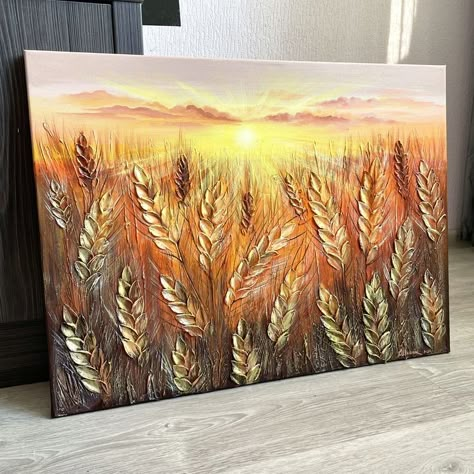 Wheat Painting Acrylic, Textured Canvas Art Ideas, Wheat Painting, Gold Art Painting, Painting For Gift, Canvas Painting Tutorials, Abstract Art Painting Diy, Landscape Art Painting, Simple Acrylic Paintings