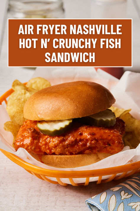 Reminiscent of a restaurant favorite, our homemade Nashville Hot n’ Crunchy Fish Sandwich is easy to make and just as satisfying. Air-fried fish fillets are coated in a sweet and spicy hot sauce and nestled between soft Brioche rolls with creamy mayo and tangy pickles. Treat your table to take-out flavors—no drive-through required! Angel Eggs, Fried Fish Sandwich, Crunchy Fish, Crispy Fried Fish, Fish Sandwich Recipes, Air Fried Fish, American Comfort Food, Brioche Rolls, Family Nutrition