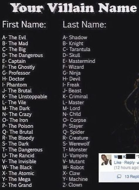 Villian Name Funny Name Generator, Birthday Scenario, Villains Party, Villain Names, Fantasy Names, Name Games, Writing Inspiration Prompts, Funny Names, Name Ideas