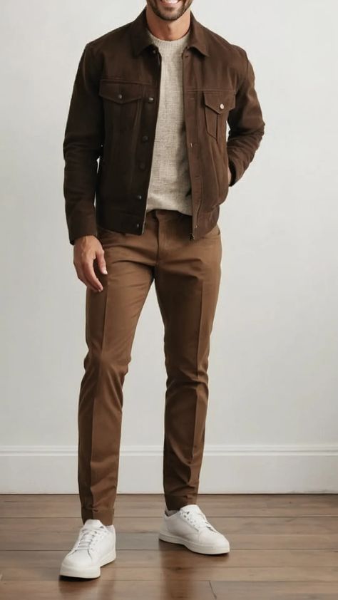 Casual and Classy: Ten Must-Have Outfits for 2024 Autumn 42 Mens Fall Outfits With Sneakers, Mens Dressy Casual Outfit Winter, Mens Nyc Style, Flannel Mens Outfits, Thanksgiving Mens Outfit, Cognac Pants Outfit, Holiday Outfit Men, Khaki Chinos Men Outfits, Dressy Mens Outfits