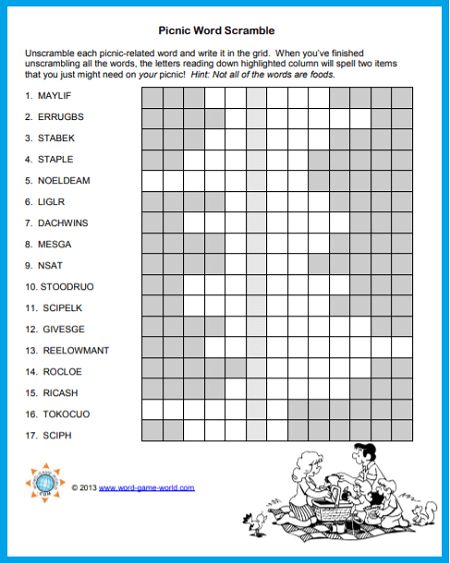 Here's a fun jumble word game for summertime, or anytime. It's all about picnics! If you correctly solve each word on the list, you'll uncover two more picnic essentials. Great for the classroom, family reunions and other summertime gatherings. Find the printable page at https://www.word-game-world.com/jumble-word-games.html Word Games For Adults, Fun Word Games, 5th Grade Spelling, Printable Word Games, Word Jumble, Classroom Family, Word Games For Kids, Activities For Christmas, Jumbled Words