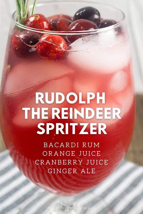 Holidays are coming up and it's time to start thinking about holiday cocktails. This Rudolph the Reindeer Spritzer is a festive drink that is sure to be a hit at your next party! The ingredients for this cocktail are Bacardi, ginger ale, orange juice, and cranberry juice. Don't forget the red noses (fresh cranberries)! Christmas Mule, Rum And Orange Juice, Christmas Drinks Alcohol Recipes, Xmas Drinks, Christmas Drinks Recipes, Christmas Punch Recipes, Cocktail Drinks Alcoholic, Bacardi Rum, Yummy Alcoholic Drinks