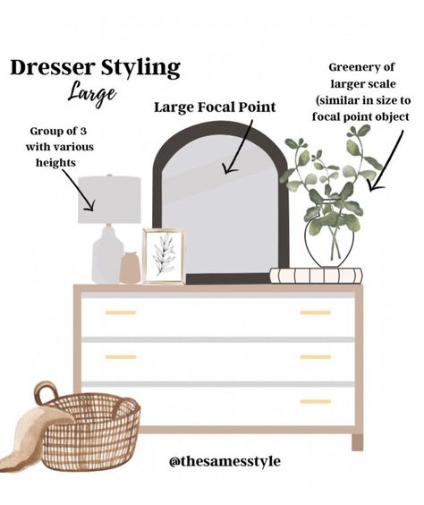 Bedroom Drawers Decor, Styling Your Dresser, Minimal Dresser Styling, Styling The Top Of A Dresser, Dresser Top Styling Ideas, Staging A Dresser Top, Low Dresser Decor, Where To Place Dresser In Bedroom, What To Put On Bedroom Dresser