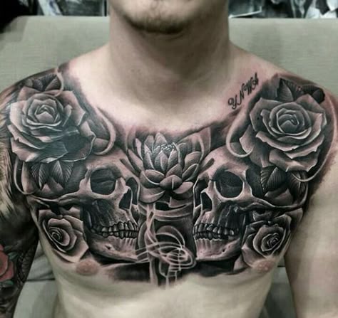 Skull Chest Tattoo Men, Mens Chest Piece Tattoo, Chest Tattoo Men Ideas Full, Full Chest Tattoo Men, Mens Chest Tattoos Ideas, Skull Chest Tattoo, Best Chest Tattoos For Men, Mens Chest Tattoos, Chest Piece Tattoos Mens