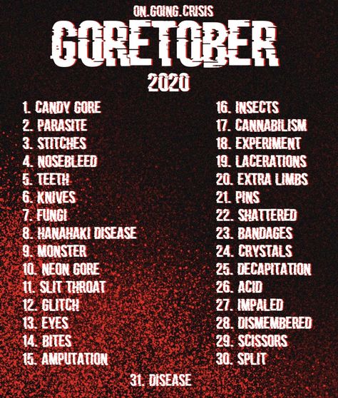 30 Day Art Challenge Gore, Gore Drawing Tutorial, Candy Gore, 30 Day Art Challenge, Drawing Challenges, 30 Day Drawing Challenge, October Art, Art Challenges, Art Style Challenge