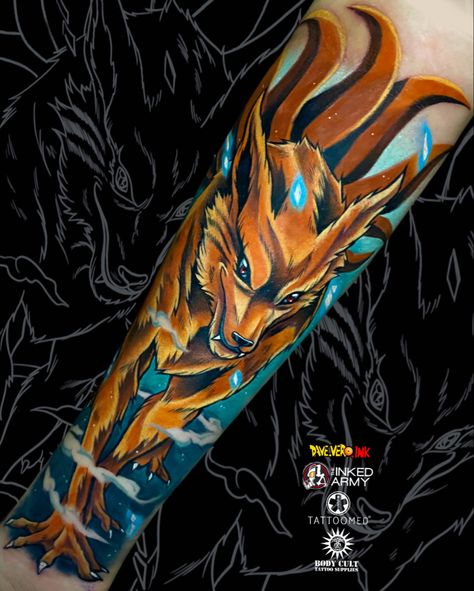 Kurama Tatoos Ideas, Kurama Tattoo Naruto, Kurama Naruto Tattoo, Ninetails Naruto, Kurama Tattoo Design, Ninetails Tattoo, Naruto Tattoo Ideas Design, 9 Tails Fox Tattoo, Kurama Tattoo