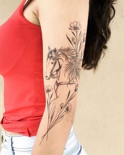 Small Horse Tattoo, Horse Tattoo Ideas, Horse Tattoos, Horse Tattoo Design, Unicorn Tattoo, Arm Sleeve Tattoos For Women, Back Of Arm Tattoo, Rune Tattoo, Unicorn Tattoos