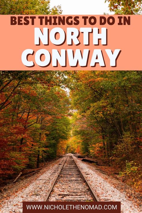 North Conway is a beautiful mountain town in the White Mountains of New Hampshire that offers something to do every season, including hiking, skiing, scenic train rides, and foliage. This guide has everything you need to know to visit North Conway, including the best hikes and things to do in North Conway, NH! North Conway New Hampshire, Conway New Hampshire, North Conway Nh, North Conway, Scenic Train Rides, United States Photography, New England Road Trip, Hiking Photography, Beautiful Hikes