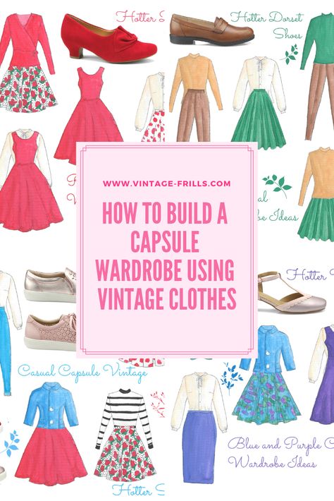 How to create a vintage wardrobe using vintage clothes | Sustainable fashion | Vintage Frills Capsule Wardrobe Vintage, 50s Wardrobe, 1950s Wardrobe, How To Shop Vintage Clothes, Capsule Wardrobe Skirts, Vintage Inspired Clothing, Retro Wardrobe, 1950s Capsule Wardrobe, Casual Vintage Outfits 50s