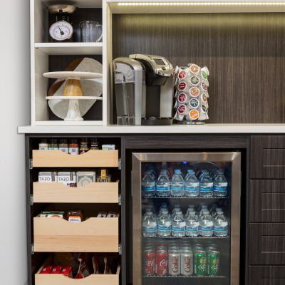 Custom Pantry Storage | Inspired Closets | No Space Wasted Mini Bar Fridge Ideas, Beverage Center In Pantry, Diy Beverage Bar With Mini Fridge, Mini Fridge In Home Gym, Home Gym Mini Fridge, Small Pantry With Mini Fridge, Mini Fridge Pantry, Mini Fridge Drink Organization, Drink Fridge Ideas