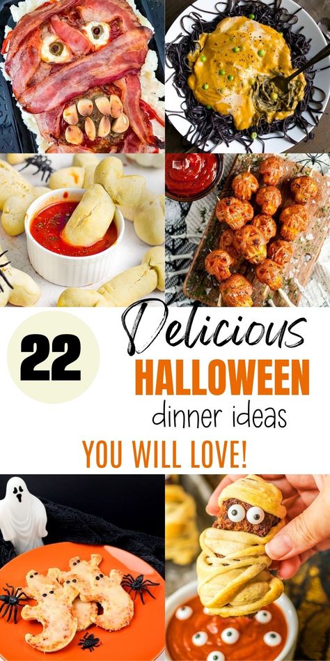 Serve up fun and frightening dishes this Halloween with simple and quick Halloween dinner ideas. From spooky entrees to hilarious Halloween food ideas, your party will be both scary and amusing! Halloween Fun Recipes, Halloween Noodles Food, Scary Halloween Meals, Food For Halloween Party Appetizers, Creative Halloween Food Ideas, Halloween Dinner Entree, Halloween Foods For Adults, Spooky Halloween Side Dishes, Main Course For Halloween Party