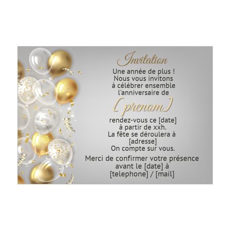 Personnalisez cette carte d'invitation d'anniversaire avec des ballons dorés. Vous pourrez alors : - imprimer cette invitation chez vous - envoyer via une carte virtuelle - publier sur facebook Happy Birthday Parties, Sweet Table, Invitation Design, Photo Studio, Birthday Parties, Wedding Invitations, Place Card Holders, Happy Birthday, Birthday Party