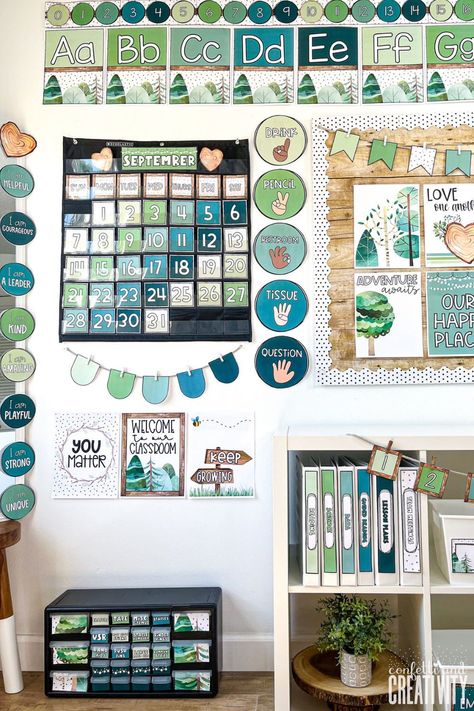 Nature Classroom Theme Decor, Calm And Cool Classroom Theme, Kindergarten Classroom Forest Theme, Pre K Classroom Nature Theme, Ecosystem Classroom Decorations, Primary Classroom Decoration Ideas, How To Decorate A Classroom Ideas, Forest Inspired Classroom, Classroom Dinosaur Theme