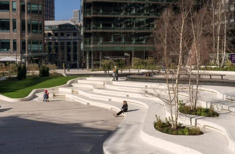 DSDHA creates public square above the tracks of Liverpool Street Station Park Architecture Public Spaces, Stairs Detail, Public Garden Architecture, Ramp Stairs, Landscape Stairs, Landscape Steps, Plaza Design, Commercial Landscape, Public Space Design