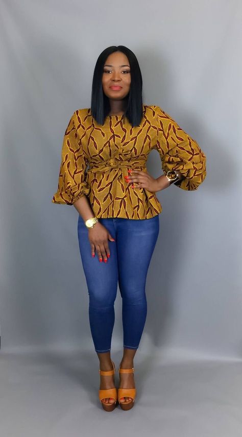 African Prints Top And Jeans Styles To Rock This Weekend!  | FashionGHANA.com: 100% African Fashion Ankara Top Styles, African Blouses, Ankara Tops, African Tops, African Print Tops, Afrikaanse Mode, Ankara Style, Casual Styles, African Print Dresses