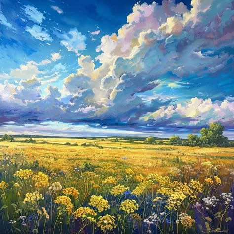 Andrew Tischler Paintings, Flower Meadow Painting, Painted Backgrounds, Meadow Painting, Anime Places, Flower Meadow, Paintings Watercolor, Mom Art, Paintings I Love