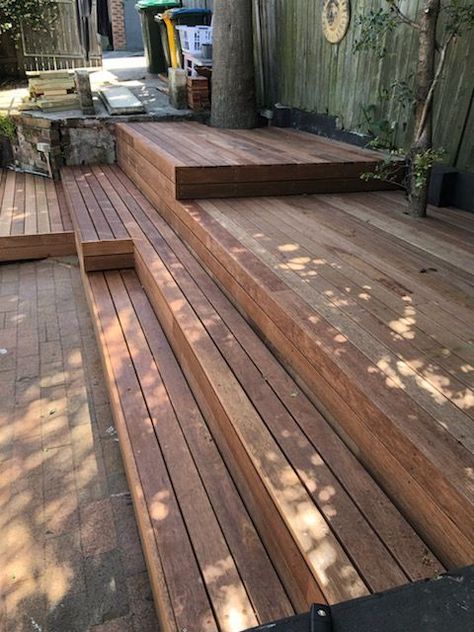 Tiered Deck On Slope, Deck With Ramp And Stairs, Deck To Patio Transition, Deck Wood, Deck Inspiration, Cabin Deck, Sunken Patio, Deck Skirting, Deck Framing