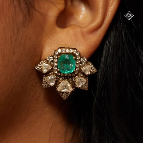 C. Krishniah Chetty & Co 1869 by Ganesh Narayan Cotha | A closer look at the intricate details of our 18K gold Jadau earrings. Each stud features vibrant emeralds and delicate valanda motifs… | Instagram Victorian Diamond Earrings, Jadau Earrings, Gold Jewelry Prom, Victorian Elegance, Diamond Jewelry Earrings, Fancy Jewelry Necklace, Diamond Earrings Design, Jewellery Design Sketches, Diamond Logo