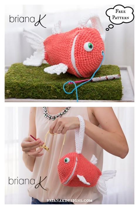 Fish Wristlet Yarn Holder Bag Free Crochet Pattern Yarn Buddy, Fish Crochet, Bag Free Crochet Pattern, Tote Crochet, Crochet Fish, Debbie Macomber, Crochet Shell Stitch, Yarn Holder, Crochet Market