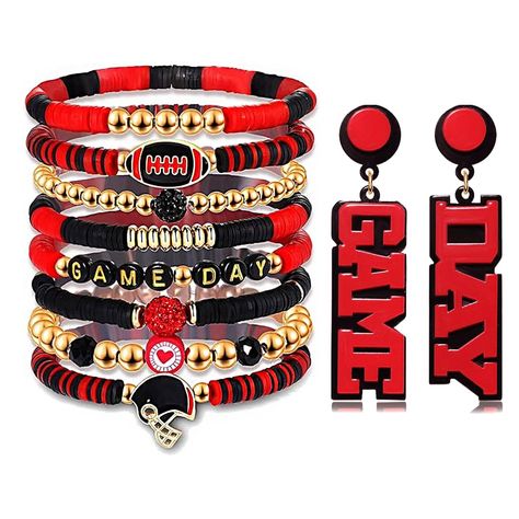 PRICES MAY VARY. ✔Football Bracelet for Women: Cheer on your favorite football team in these charming football jewelry accessories! Inspired by football teams, including 8 pieces heishi bracelet consist of gold beads and polymer clay beads with letter ‘GAME DAY’ and football charms accent, a pair of acrylic game day earrings, features a unique blend of eye-catching red and black colors. They will speak volumes without ever having to cheer, it's your perfect accessory for showing off team spirit Last Football Game Gifts, Clay Bead Bracelet Ideas Football, Fall Inspired Clay Bead Bracelets, Football Clay Bead Bracelets, Game Day Bracelets, Clay Bead Jewelry, Purple Field, Heishi Jewelry, Team Mom Gifts