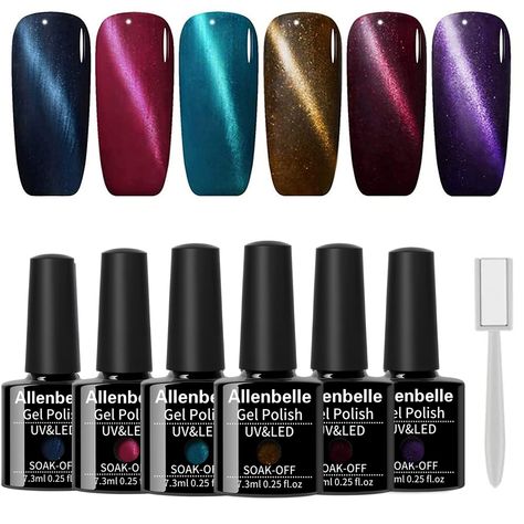 PRICES MAY VARY. Item included six magnetic gel nail polish with our exclusive brand Allenbelle and high quality,made by non-toxic and harmless resin. Required the magetic to get the effect of cat eye and drying under UV Lamp for 2-3 minutes or LED lamp for 60 second,Off in minute. With magnet as gift ,7.3ml After apply the magnet gel nail polish ,deal with the magentic as shown in the video ,you will get the perfect cat eye effect. 30 DAY MONEY BACK GUARANTEE: If you're not completely satisfied Cat Eye Nails Polish, Color Change Nail Polish, Perfect Cat Eye, Nail Polish Kit, Color Changing Nails, Cat Eye Gel Polish, Gel Set, Magnetic Nails, Nail Polish Kits