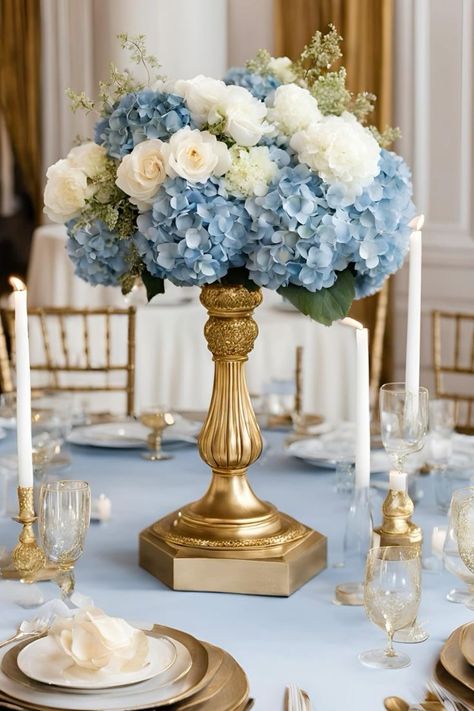 White And Gold Wedding Table, Blue White And Gold Wedding, Dusty Blue Flowers, Formal Wedding Decor, Elegant Wedding Table, White And Gold Wedding, Blue Gold Wedding, Glamorous Wedding Decorations, Gold Wedding Inspiration