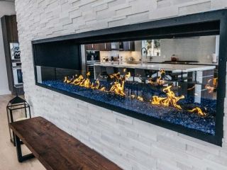 gallery-see-through-custom-gas-open-fireplace-residential-home Double Sided Gas Fireplace, Fireplace Photo, Fireplace Drawing, Dream Fireplace, Fireplace Gallery, Natural Gas Fireplace, Get Design, Indoor Outdoor Fireplaces, Gas Fireplaces