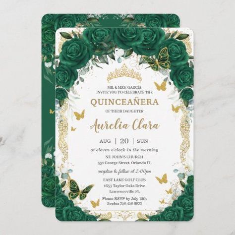 Quince Emerald Green, Green Quinceanera Theme, Green Quince, Quince Invitations, Butterfly Invitations, Green Invitations, Green Roses, Princess Invitations, Sweet Sixteen Invitations