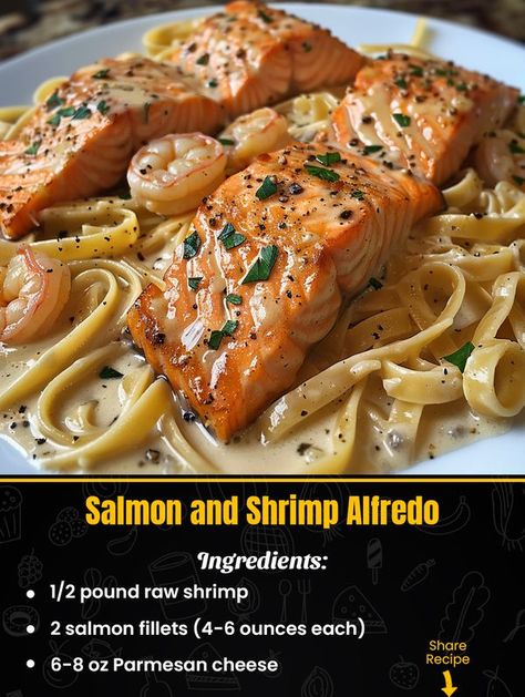 Salmon Shrimp Alfredo, Salmon Alfredo Pasta Recipes, Salmon And Shrimp Alfredo, Salmon With Alfredo Pasta, Salmon And Shrimp Alfredo Pasta, Cajun Salmon Alfredo, Fettuccine Noodles, Shrimp Alfredo, Salmon And Shrimp