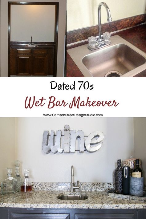 Wet Bar Update Ideas, How To Update An 80s Wet Bar, 80s Wet Bar Makeover, Wet Bar Makeover, Wet Bar Ideas In Living Room, Coffe And Wine Bar, Small Wet Bar, 1970s Living Room, Wet Bar Basement