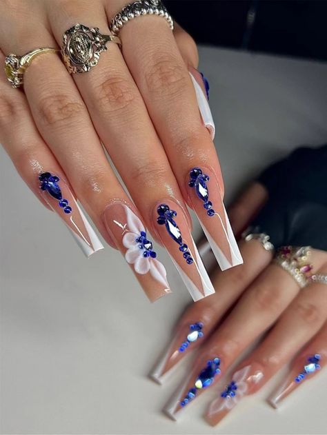 Multicolor  Collar   Geometric,Plain,Plants Color Nails,Bare Nails Embellished   Beauty Tools Quince Nails, Fake Nails White, Quinceanera Nails, Long Press On Nails, French Manicure Nails, Nagel Tips, Manicure Tips, Flower Nail Designs, Coffin Press On Nails