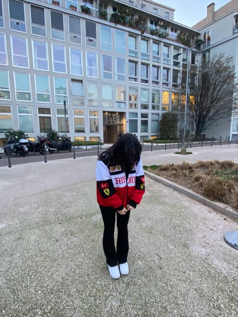 Ferrari Jacket Outfit, Racer Jacket Outfit, Cropped Denim Jacket Outfit, 15th Birthday Party Ideas, Ferrari Jacket, White Ferrari, Conan Gray Aesthetic, Racing Jackets, Denim Jacket Outfit