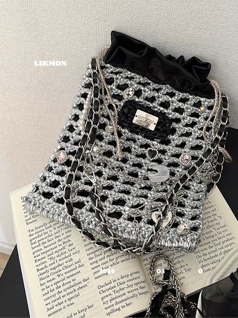 Black Silver Crochet Net Shoulder Bag | Bag | Three Fleas Net Bag Crochet, Sparkly Crochet, Crochet Silver, Crochet Net, Handmade Crochet Bags, Dress Up Outfits, Crochet Bag Pattern, Black Crochet, Crochet Bags