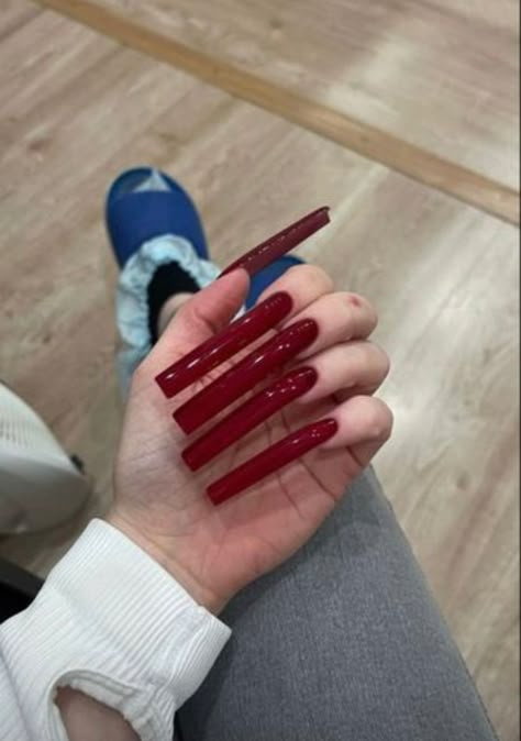 Squoval Nails Long, Long Red Acrylic Nails, Red Chrome Nails Designs, Red Chrome Nails, Long Red Nails, Long Fingernails, Long Square Nails, Red Chrome, Acrylic Nail Shapes