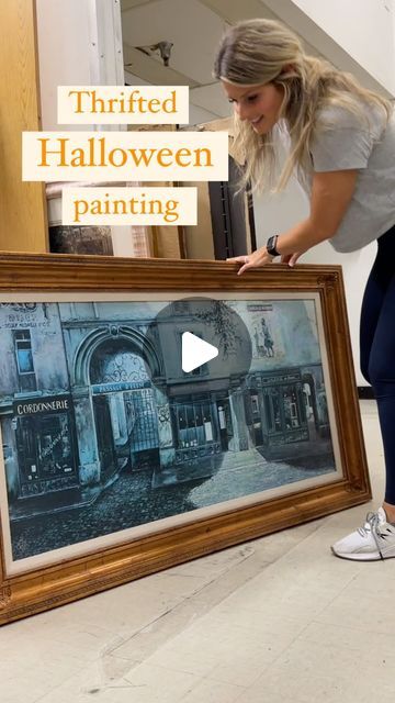 Thrift Store Upcycle Halloween, Paint A Ghost On A Painting, Halloween Painting Makeover, Ghost Picture Trend Painting, Painting Old Pictures For Halloween, Diy Ghost Painting Trend, Ghosts On Thrifted Art, Ghost Painting Ideas Thrift, Thrifted Painting Makeover Halloween