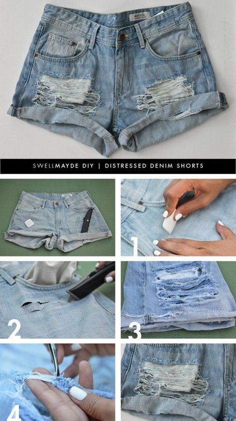 Distressed Shorts Diy Jean Shorts, Denim Hacks, Diy Distressed Jeans, Diy Ripped Jeans, Jean Diy, Shorts Diy, Diy Clothes Refashion, Shorts Tutorial, Diy Jeans