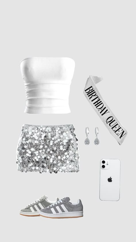 Sparkly Skirt Outfit Parties, Birthday Outfit Fancy, Disco Night Theme Party Outfits, Mirror Ball Outfit Ideas, 18th Birthday Disco Party, Outfit Inspo Birthday, 13th Bday Outfit Ideas, Disco Birthday Outfit, Silver And White Outfit