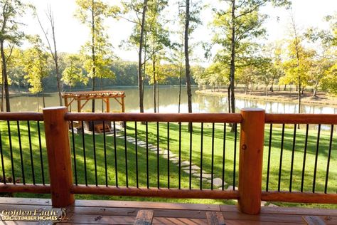 Golden Eagle Log and Timber Homes : Photo Gallery Log Cabin Deck, Unique Deck Railing Ideas, Wrought Iron Porch Railings, Cabin Pictures, Cabin Decks, Porch Railing Designs, Log Homes Exterior, Log Decor, Log Cabin Exterior