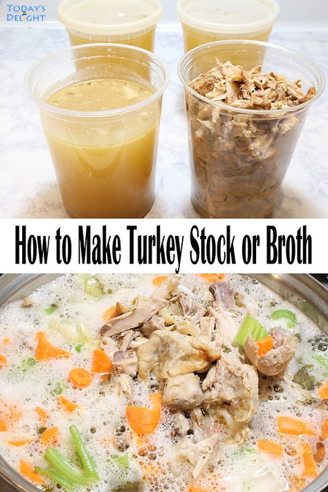 Make turkey stock from scratch with turkey carcass and meat and use it for soup, stew or gravy. For recipe and more, visit todaysdelight.com Bone Broth From Turkey Bones, Canning Turkey Bone Broth, Bone Broth From Turkey, Turkey Carcass Bone Broth, Turkey Carcass Broth, What To Do With Turkey Bones, Bone Broth Turkey, How To Make Turkey Bone Broth, Turkey Broth From Carcass How To Make