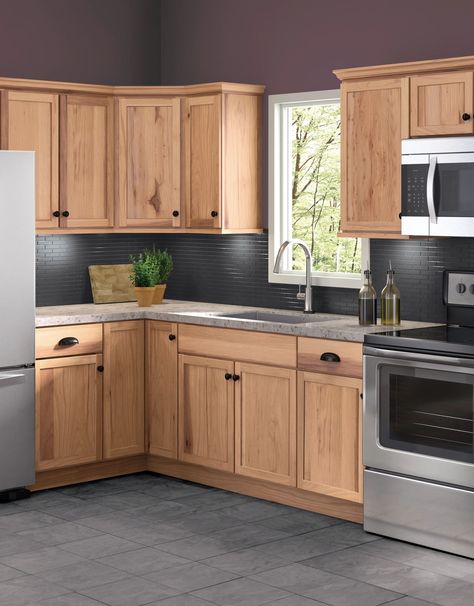 Hardware For Oak Kitchen Cabinets, Gray And Oak Kitchen, Counter Tops With Honey Oak Cabinets, Honey Oak Cabinets Countertops, Countertops With Honey Oak Cabinets, Light Brown Cabinets Kitchen, Wood Stain Cabinets, Oak Shaker Kitchen Cabinets, Alder Cabinets Kitchen