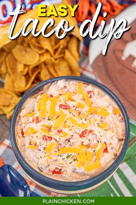 Easy Taco Dip Recipe - super simple to make and is a real crowd pleaser! Only takes a minute to make and everyone raves about it! Sour cream, fiesta ranch, Rotel diced tomatoes and green chiles, and plenty of cheese. I always have the ingredients on hand to whip up this easy dip at a moment's notice! Sour Cream Rotel Ranch Dip, Cold Taco Dip With Cream Cheese, Low Sodium Dips Recipes, Rotel Dips, Easy Rotel Dip, Cold Taco Dip, Cream Cheese Salsa Dip, Easy Chip Dip, Easy Taco Dip