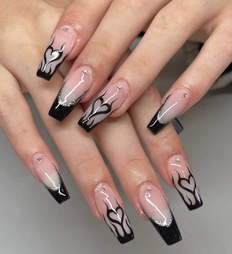 Edgy Square Nails, Senior Nails Graduation, Trendy Coffin Acrylic Nails, Dark Nails With Design, Coffin Nail Designs Black, Uñas Dark Aesthetic, Edgy Almond Nails, Black Abstract Nails, Purple Square Nails