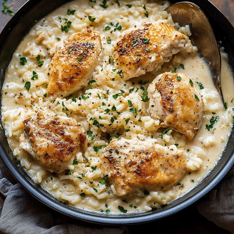 Chicken And Parmesan Rice, Creamy Chicken And Rice Skillet, Creamy Parmesan Chicken And Orzo, One Pan Creamy Parmesan Chicken And Rice, Creamy Parmesan Chicken And Rice, Chicken Breast With Rice Recipes, Chicken And Risotto Recipes, Creamy Chicken With Rice, Creamy Rice Chicken