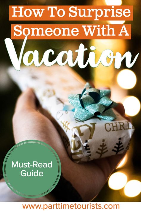 Learn how to surprise someone with a vacation this year! These are all great ideas a for a surprise vacation reveal for your husband, boyfriend, or spouse. Surprise trip and the gift of travel is the perfect gift to give this year! #suprisetrip #surprisetripreveal #surprisetripforhusband #surprisetripforboyfriend Suprise Birthday Holiday Reveal, Surprise Trip Reveal Ideas For Boyfriend, How To Reveal A Surprise Trip, Suprise Trip Gift Ideas, How To Give A Trip As A Gift, Surprise Getaway Reveal Gift Ideas, Trip Gift Ideas Surprise, Giving A Trip As A Gift Christmas, Surprise Trip Gift Ideas