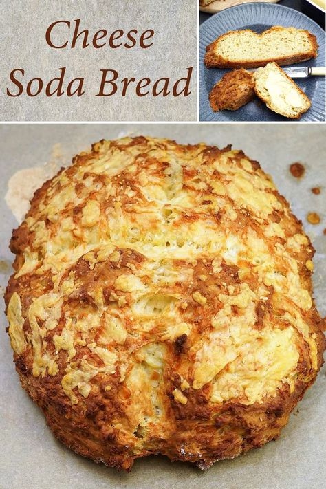 Collage of images showing a whole loaf of cheese soda bread and slices, one buttered. Soda Breads, Cheese Scone Recipes, Scotch Pancakes, Drop Scones, Overnight Recipes, Cheese Scones, Seed Bread, Artisan Bread Recipes, Potato Cakes