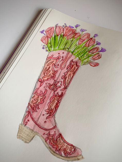 Boot With Flowers Drawing, Boots With Flowers Drawing, How To Draw A Cowboy Boot, Cowboy Boot With Flowers, Drawing With Flowers, Boot Drawing, Boot With Flowers, Pink Cowboy Boot, Boots With Flowers